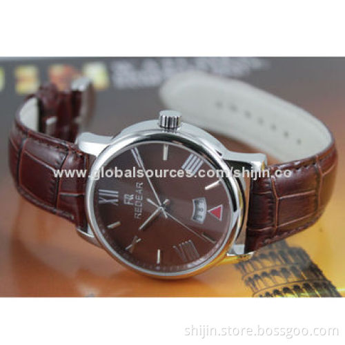 Stainless steel watch with genuine leather band for men, good quality, REDEAR, made in China